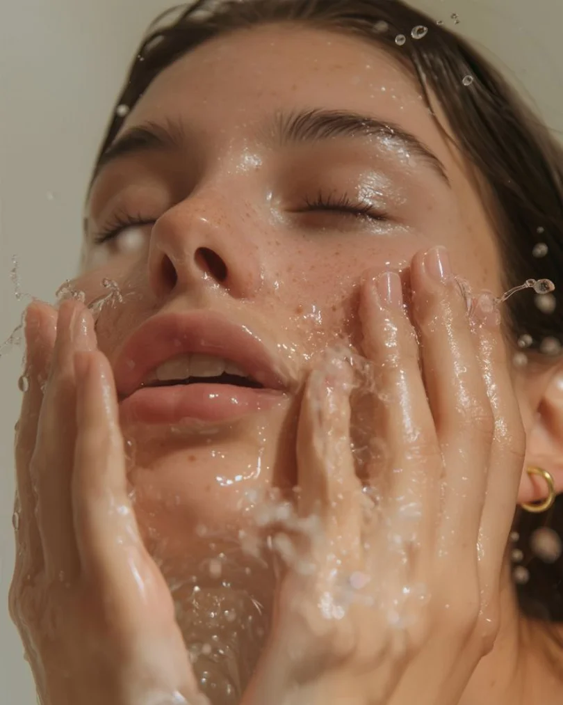 Primer plano de una mujer lavándose la cara con agua, con los ojos cerrados y expresión relajada.