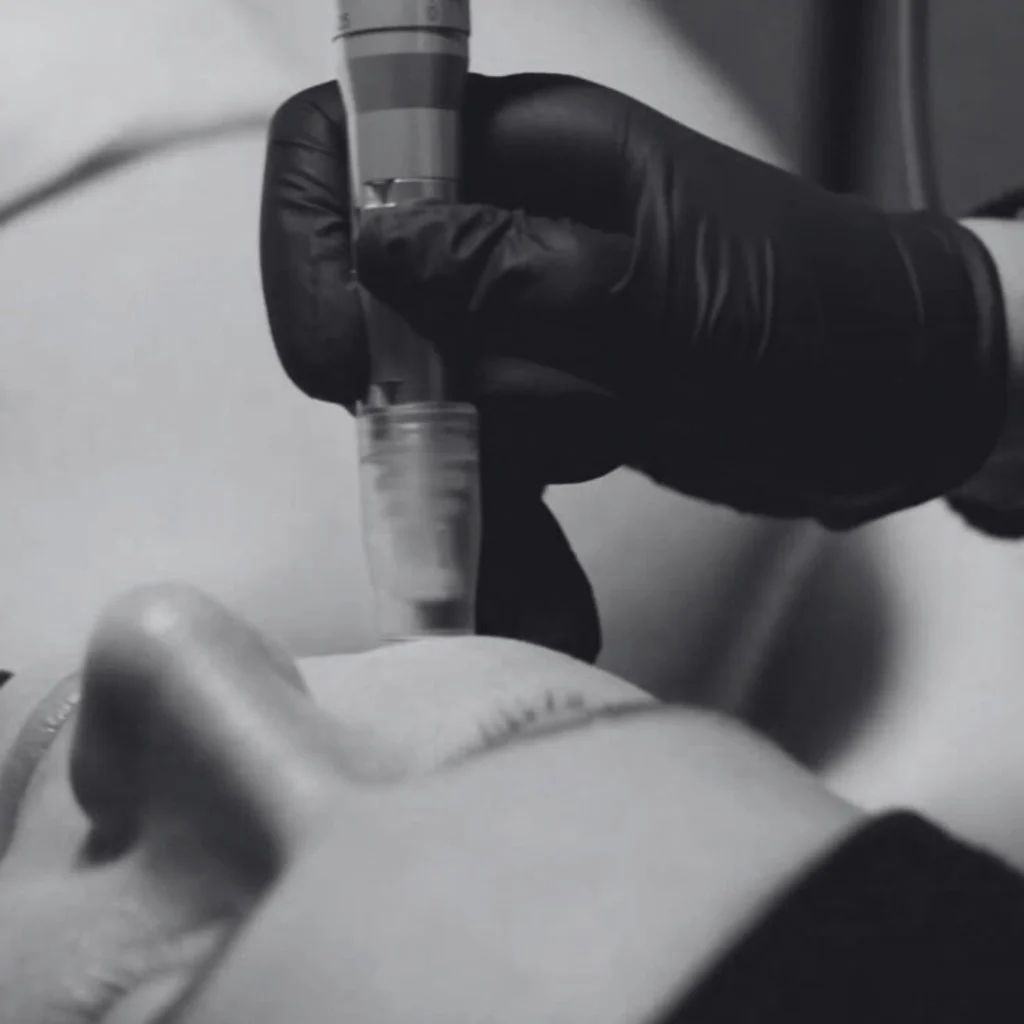 Primer plano de un rostro con piel luminosa tras un tratamiento Dermapen, ideal para preparar la piel en época festiva.