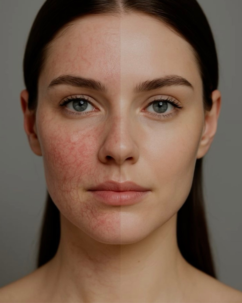 Primer plano de un rostro con piel rejuvenecida y saludable tras un tratamiento avanzado con secretoma.