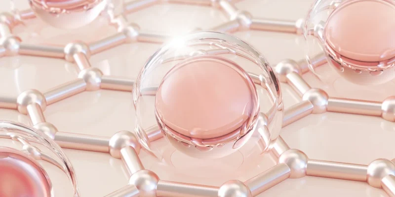 Representación 3D de estructuras moleculares sobre una superficie, simbolizando tecnología avanzada en medicina regenerativa o cuidado de la piel