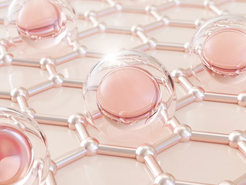 Representación 3D de estructuras moleculares sobre una superficie, simbolizando tecnología avanzada en medicina regenerativa o cuidado de la piel