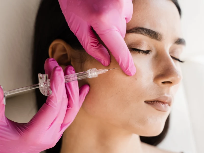 Aplicación profesional de ácido hialurónico en el rostro para mejorar volumen y reducir arrugas.