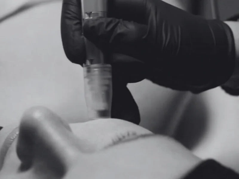 Primer plano de un rostro con piel luminosa tras un tratamiento Dermapen, ideal para preparar la piel en época festiva.