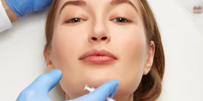 Mujer recibiendo tratamiento estético facial con inyección en clínica especializada