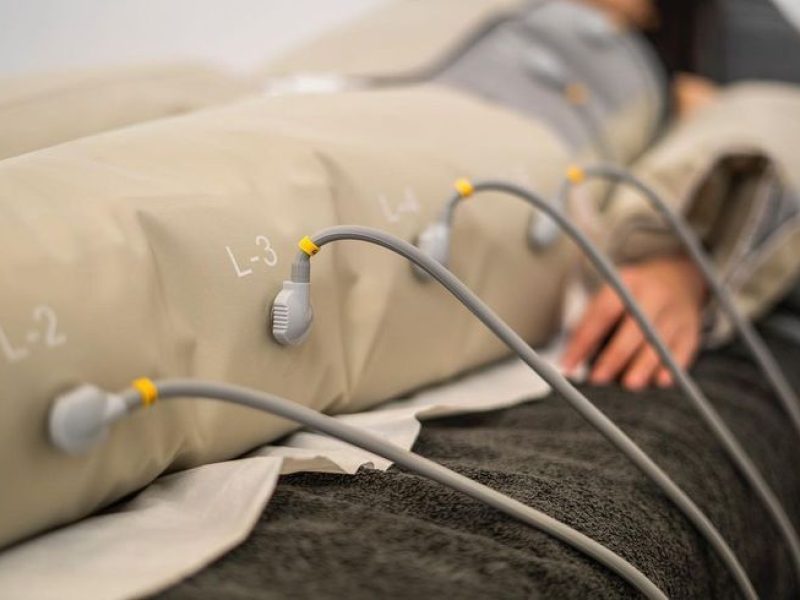 Profesional evaluando a una clienta antes de una sesión de presoterapia para revisar contraindicaciones y seguridad.